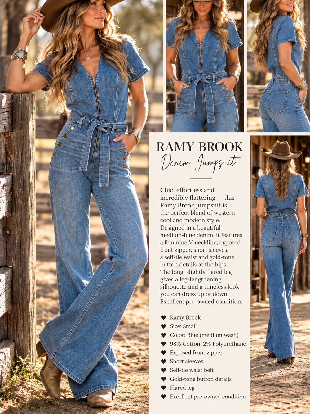 Ramy Brook Medium Blue Denim Flare Jumpsuit Size Small
